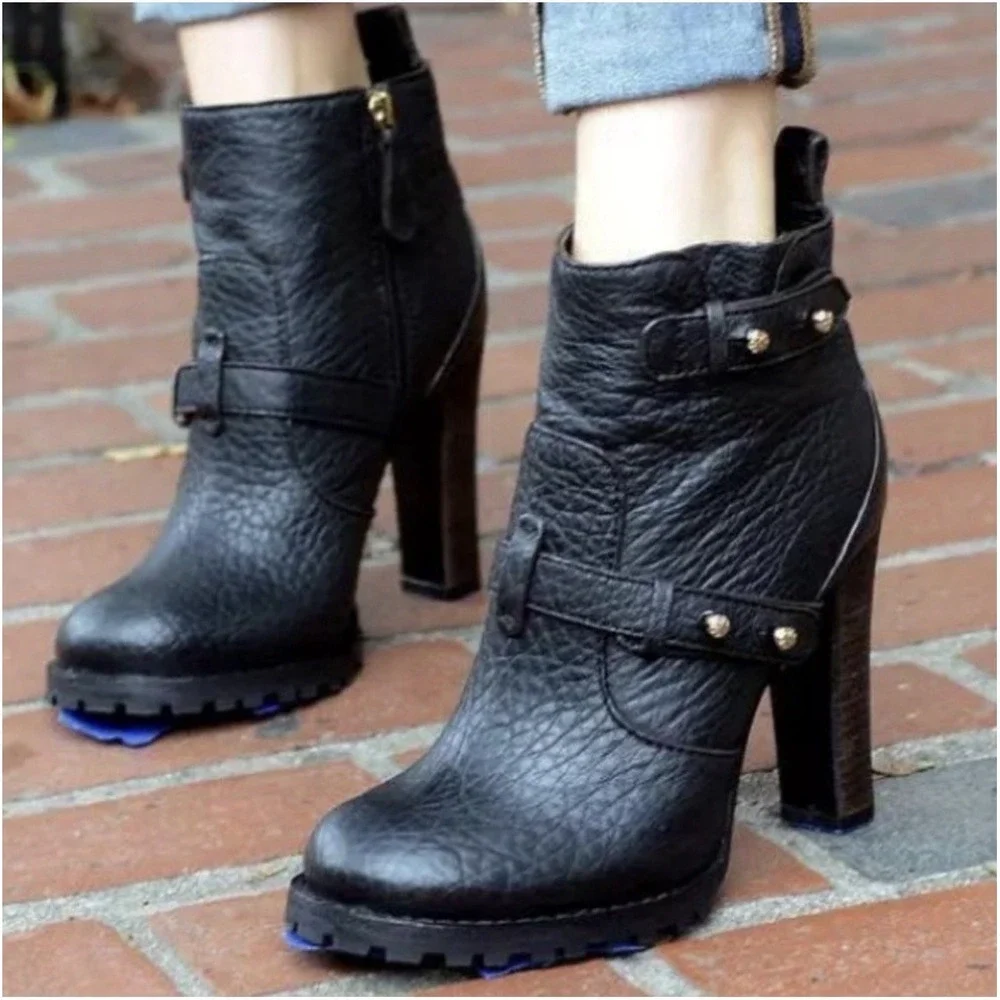 Tory Burch Landers Bootie Black Leather Studded Ankle Boots Chunky Heel Size 10